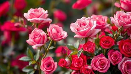 Fototapeta premium Soft-focus pink and red roses create a romantic backdrop, pink roses, rose bloom