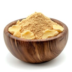 Ginger powder in wooden bowl with sliced isolated on white background