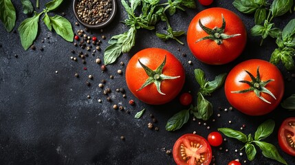 Vibrant Fresh Tomatoes and Aromatic Basil Leaves Beautifully Arranged on a Dark Surface for Culinary Delight