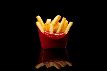 Golden fried french fries served with ketchup on black background for delicious fast food concept