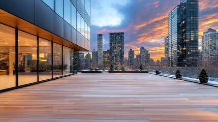 Fototapeta premium Stunning panoramic rooftop view showcasing modern city skyline sunset, with vibrant colors