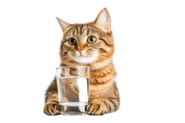 Cute cat holding a glass of water on transparent background