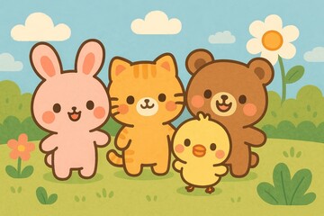 Naklejka premium Cute Cartoon Animals in a Bright Meadow with Flowers and Sunshine