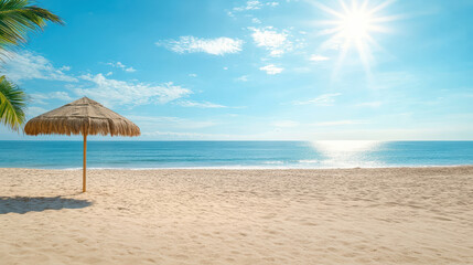 Fototapeta premium Serene beach scene featuring straw umbrella soft sand, with vibrant sky and sun shining brightly