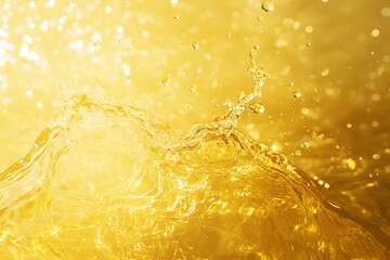 Golden water with bubbles on a yellow background, closeup