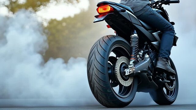 Motorcycle Power Burnout Smoke from Rear Tire Showcasing Performance and Strength