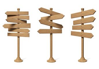 Fototapeta premium Three wooden direction signs pointing in different directions on a white isolated background image
