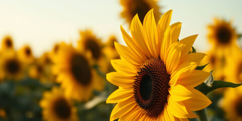 Obraz premium a close-up of a sunflower in the foreground. The sunflower is prominently positioned on the right side of the image, displaying bright yellow petals radiating from a dark brown center
