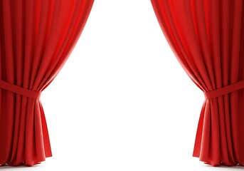 A view of open red curtains against a white background in a studio with bright lighting effect