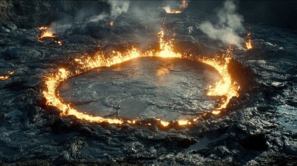 Fiery circular lava pool on volcanic terrain.