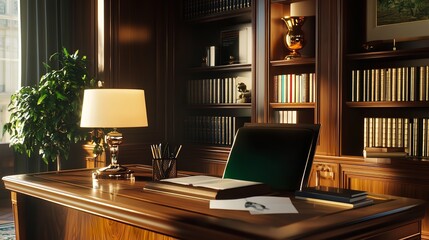 Classic home office interior design with wooden desk bookcase and lamp for study and work space