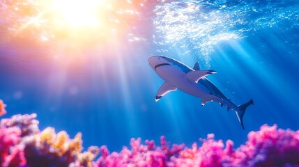 Obraz premium Sleek Shark Gliding Through Vibrant Coral Reef in Sunlit Ocean