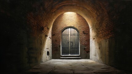 High brick walls surround a shadow-filled pit with an arched iron door guarding its entrance. The air is heavy, the silence deep, evoking a haunting and atmospheric mood.  