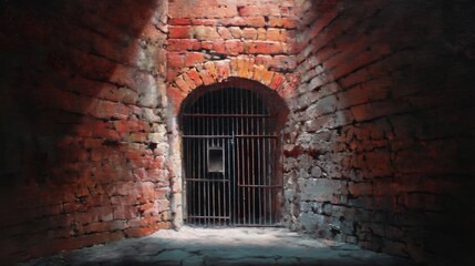 Fototapeta premium A deep, shadowy pit enclosed by towering brick walls, with a heavy arched iron door as the only entrance. The space is cold, dark, and filled with a foreboding atmosphere. 