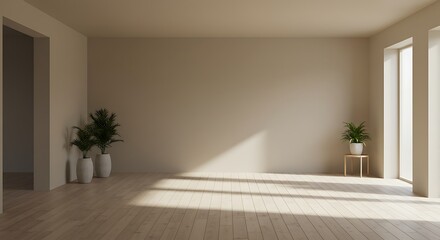 Modern japandi interior design combine natural element and natural materials. Room empty, atmosphare calm and peaceful.