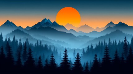 Sunset over forest mountains landscape view