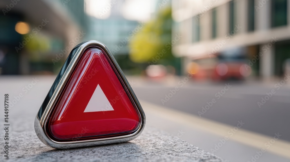 Poster striking red triangle shaped object symbolizing alertness and attention in art and design context