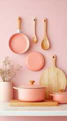 Pink kitchenware collection on a white shelf against a pale pink wall.  Wooden utensils,  pans, and pot displayed in a cheerful, organized arrangement