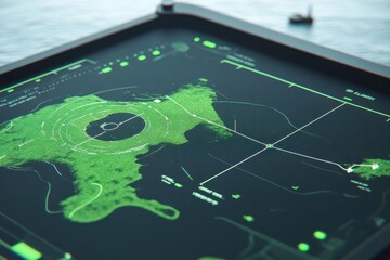 High-tech marine radar display shows a green map of an area, with various data visualizations overlaid on a dark background  Complex network of lines and circles
