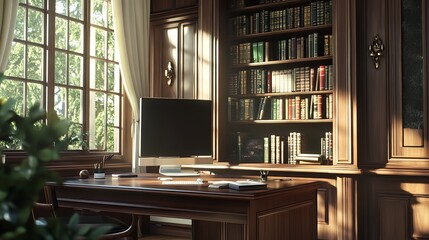 Classic home office design with wooden desk and bookshelf for study and remote work inspiration