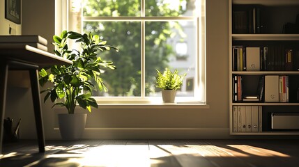 Home office interior design with plants desk bookshelf and window for real estate listing