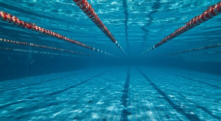 Swimming Pool Underwater View with Lane Dividers and Tiled Floor