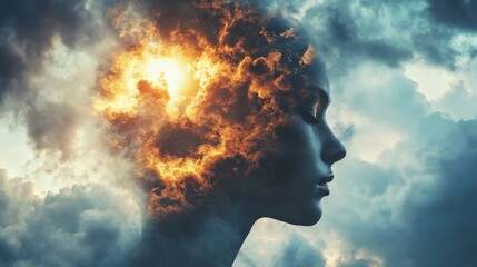 Conceptual portrait of a woman with her head on fire.  Abstract art, mental health, struggle, difficult, challenges.