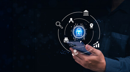 A person holds a smartphone with a digital interface showing AI, cybersecurity, and technology...