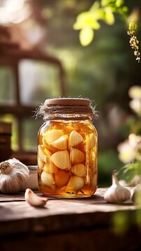 Fermented Garlic Cloves in Honey on Rustic Wooden Table