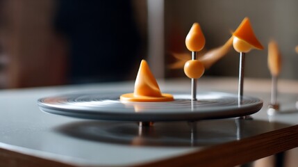 Abstract orange sculptures spinning on a blurred turntable surface art