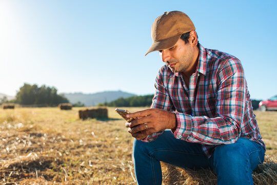 Latin farmer using smartphone in the field 