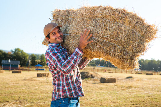 Latin farmer carrying hay bale