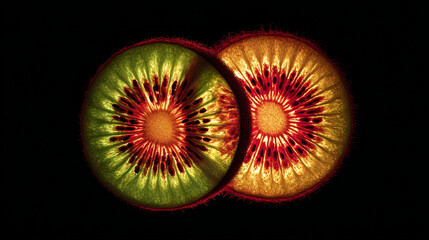 Vibrant closeup of two sliced kiwis illuminated with warm and cool colors dramatic backlit studio shot of exotic on transparent background