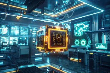 Obraz premium A futuristic glowing cube with digital numbers hovers in a high-tech laboratory filled with holographic displays.
