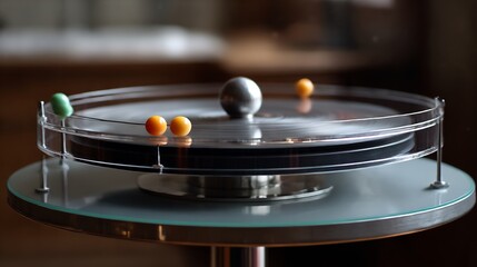 Kinetic art piece with colorful spheres rotating on a transparent disc platform