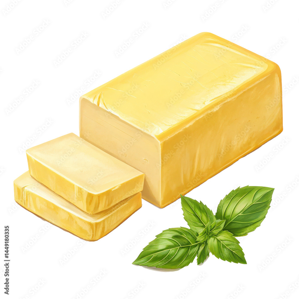 Poster block of butter with slices and fresh basil leaves, showcasing dairy ingredient realistic style. but