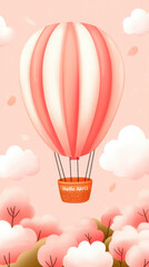 Fototapeta premium Pastel pink hot air balloon floats above a field of blossoming pink flowers. Fluffy white clouds and a soft pink sky complete the whimsical scene