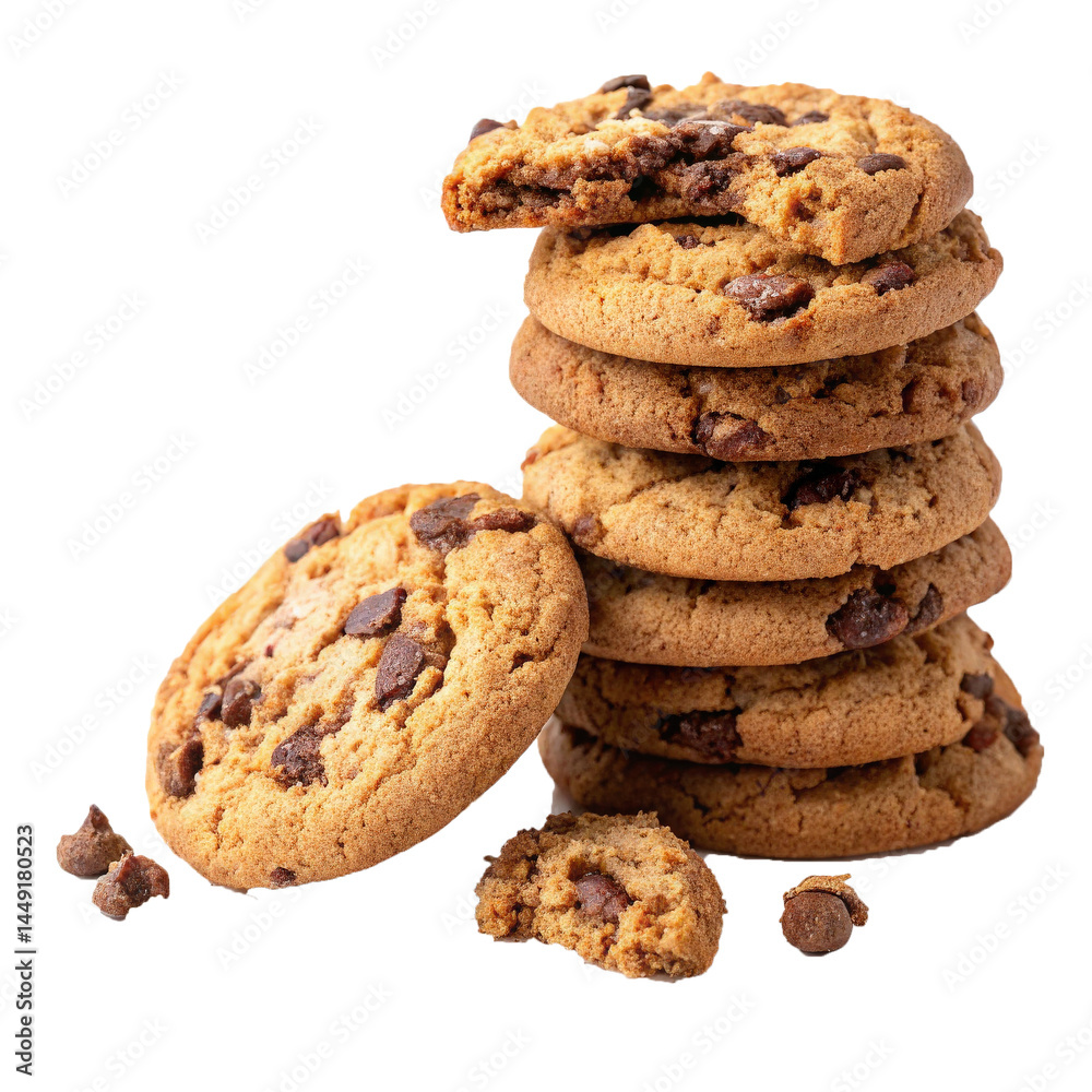 Poster stack of chocolate chip cookies with crumbs scattered around, showcasing delicious and inviting bake