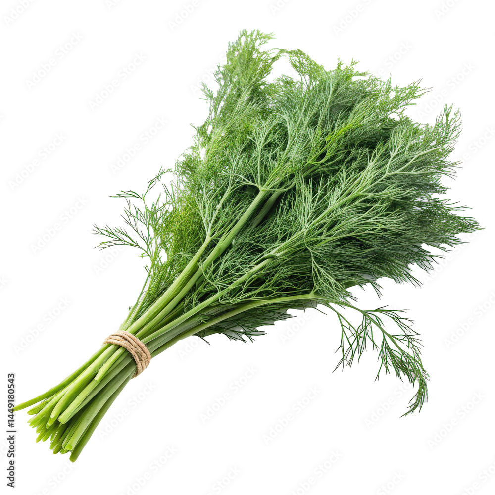 Poster Fresh bunch of dill leaves, fluffy and soft, tied together with natural string, isolated on transparency background. vibrant green color and delicate texture make it ideal for culinary use