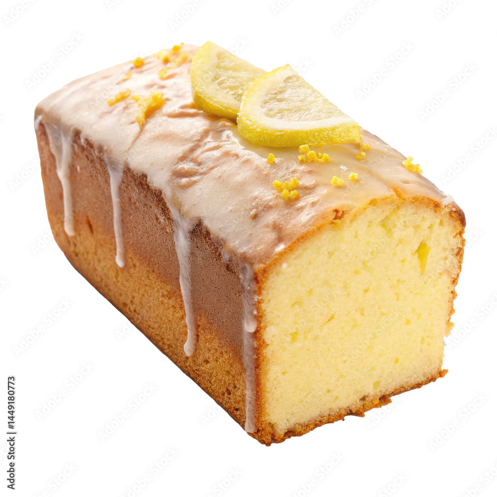 Poster Lemon pound cake with lemon glaze and slices on top, showcasing moist texture and golden crust. Perfect for dessert or sweet treat, this cake is both visually appealing and delicious