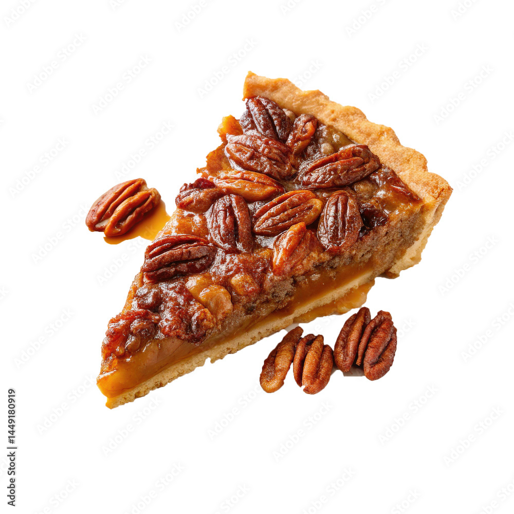 Poster Delicious slice of pecan pie with caramel glaze is served on round plate, showcasing its rich texture and nutty topping. pie golden crust and glossy finish add to its visual appeal