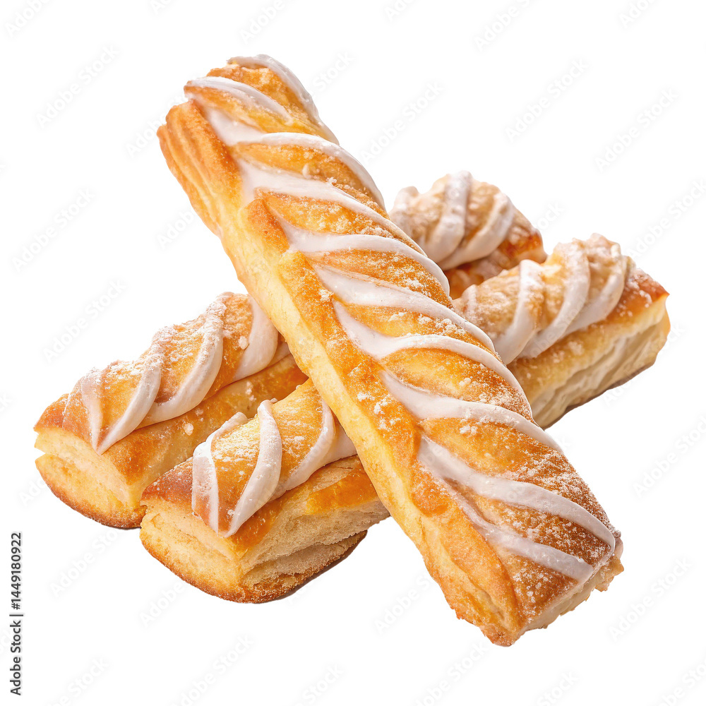 Poster golden puff pastry twists with sugar glaze, elegantly arranged, showcasing delicious and inviting ap