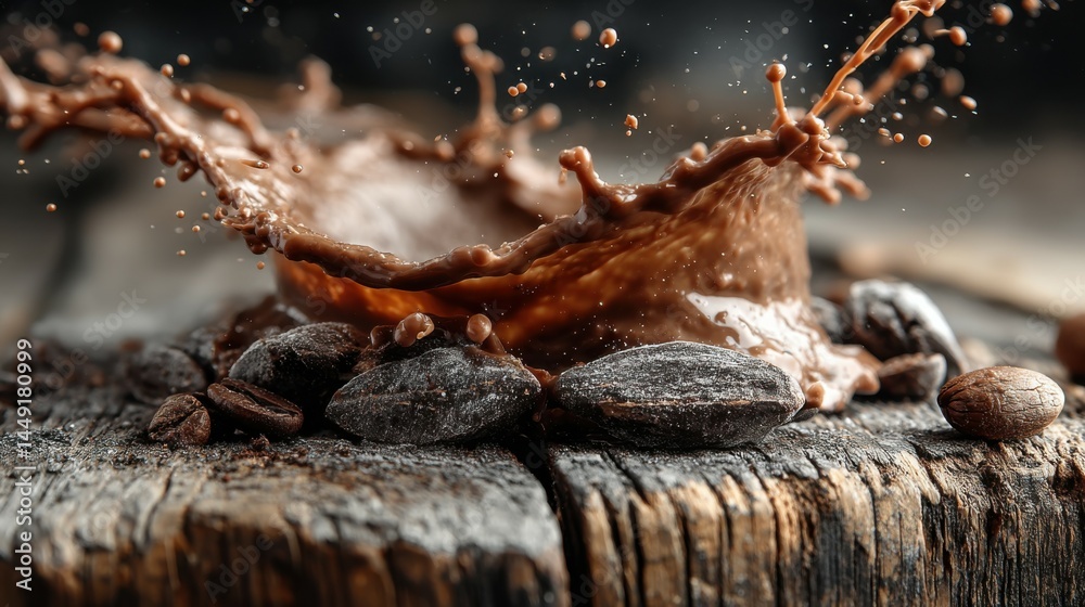 Aufkleber delicious chocolate splash with cocoa beans