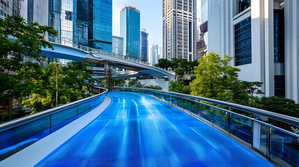 Obraz premium Futuristic Blue Skywalk Cityscape - Futuristic architecture