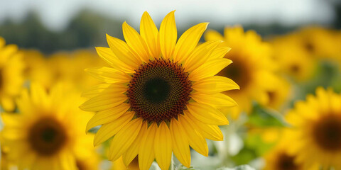 Obraz premium a close-up of a sunflower in the foreground. The sunflower is prominently positioned on the right side of the image, displaying bright yellow petals radiating from a dark brown center