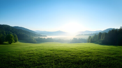 Fototapeta premium Misty Morning Landscape In Valley With Grassy Meadow And Hills