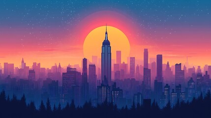 City skyline illuminated by sunset glow