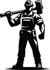 Construction Worker Holding a Sledge Hammer on shoulder silhouette Vector Illustration