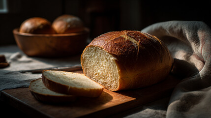 Delicious crusty artisan bread loaf sliced on wooden board rustic kitchen setting golden brown warm light on transparent background food meal