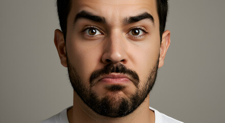 Close-up Portrait of a Skeptical Man with Dark Brows and Beard